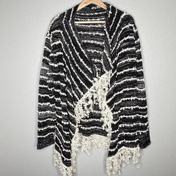 Anthropologie La Fee Verte Boho Fringe Cardigan Sweater Black White Striped XL - Picture 1 of 8